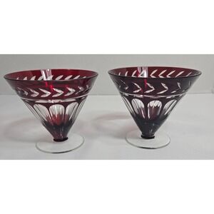 Ruby Red Cut to Clear Crystal Bohemian Stemless Cocktail/Dessert Glass Vintage